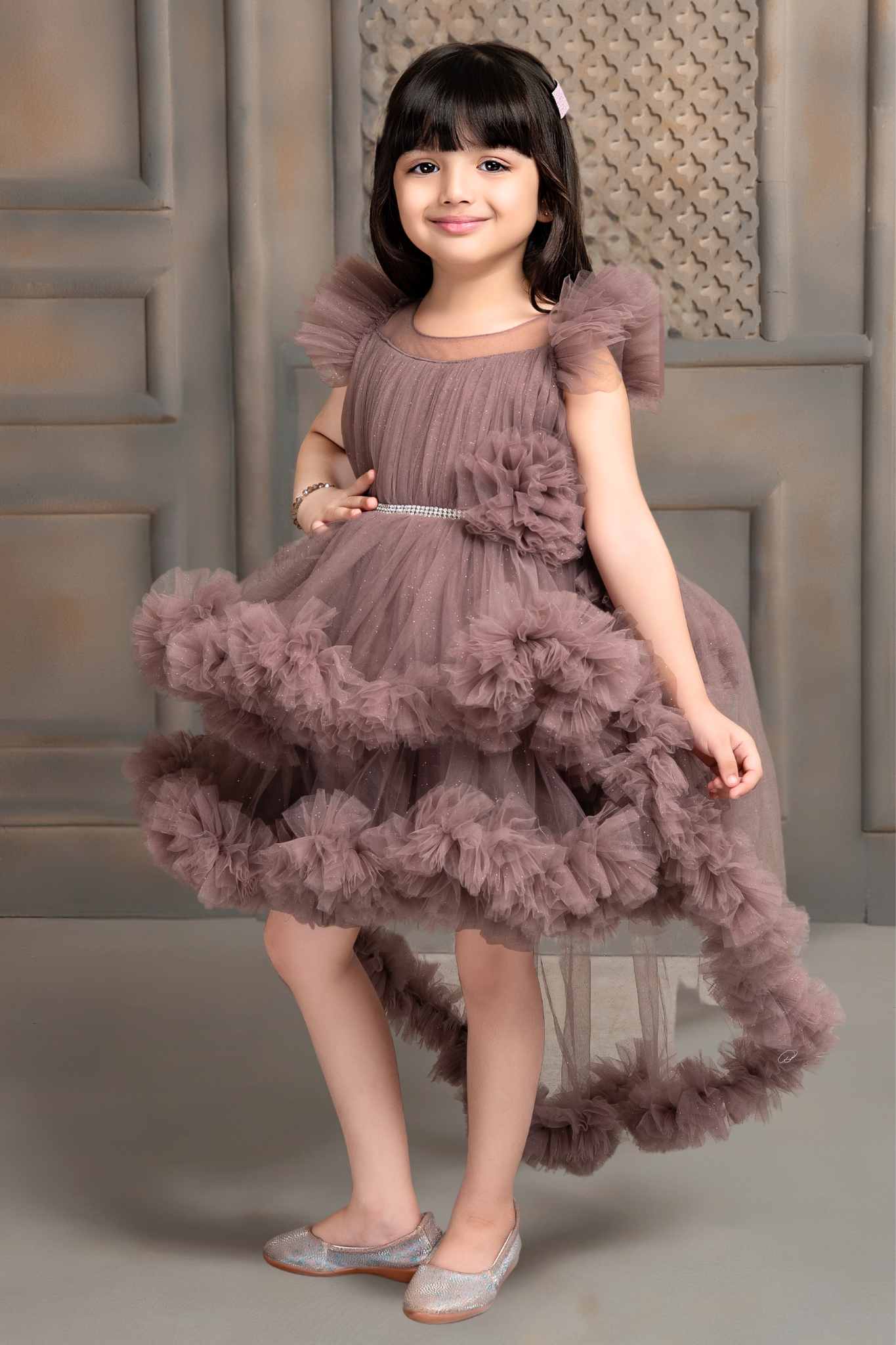 Chocolate Net Multilayer Ruffle Tailback Frock For Girls