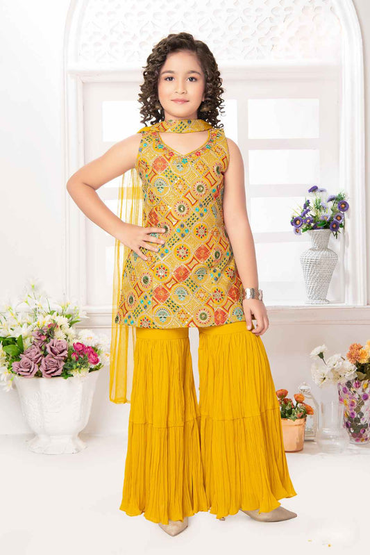 Elegant Yellow Sequin And Printed Sharara Set For Girls