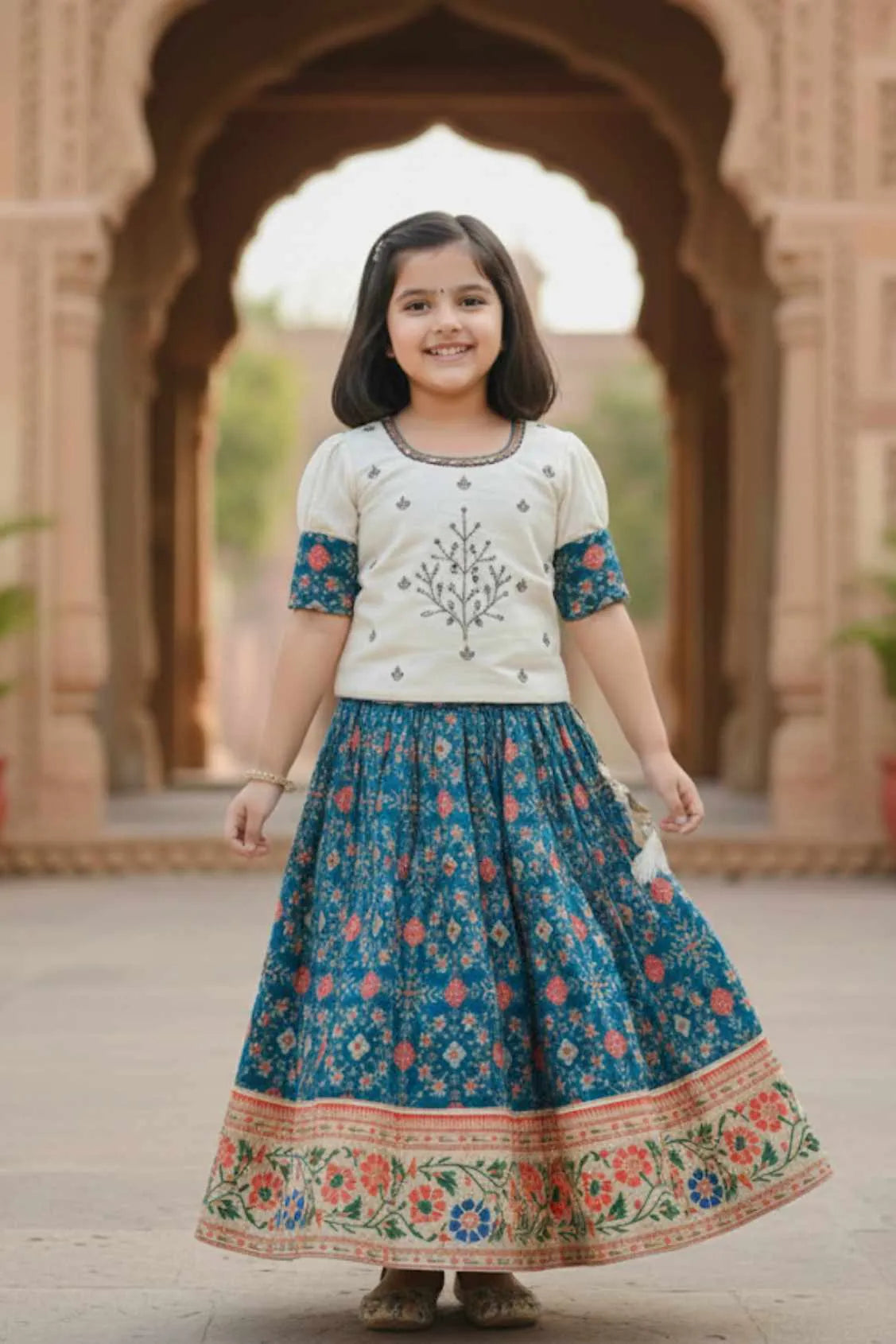 Ivory And Teal Blue Silk  Pattu Pavadai For Girls
