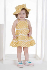 Lemon Yellow Printed Cotton Casual Wear Frock For Girls