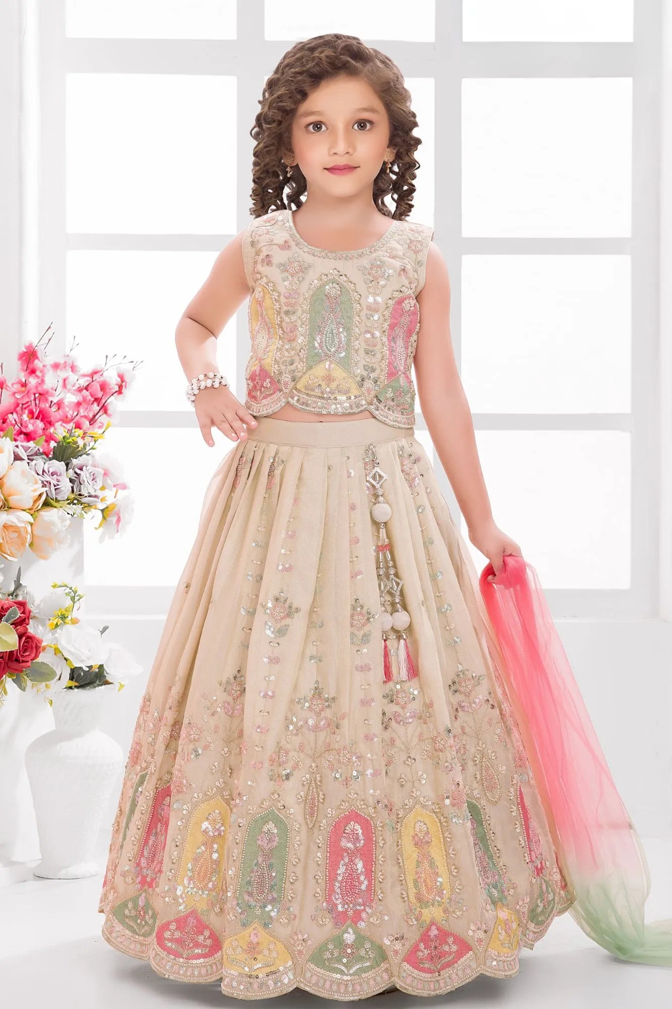 Fawn Embroidered Lehenga Choli Set For Girls