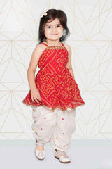 Red Bandhani Printed Top With Dhoti Set For Girls