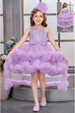 Lavender Sequin Embellished High-Low Party Dress with Ruffle Hem For Girls