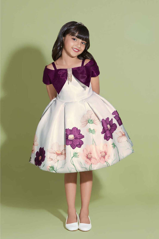 Wine Floral Printed And Bow Embellished Party Wear Frock For Girls