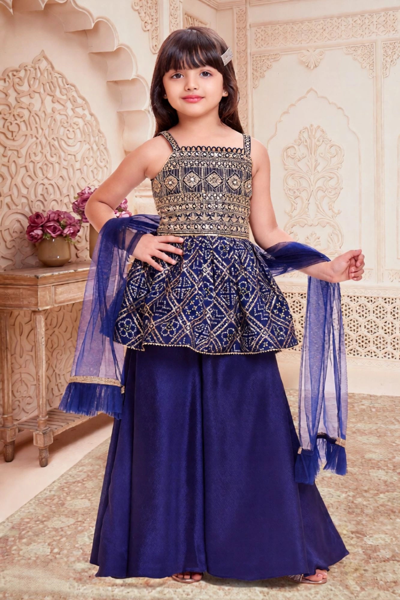 Navy Blue Embroidered Peplum Top Palazzo Set for Girls