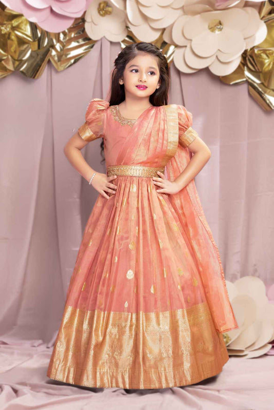 Ethnic Pink Brocade Gown With Sequin Embroidery For Girls