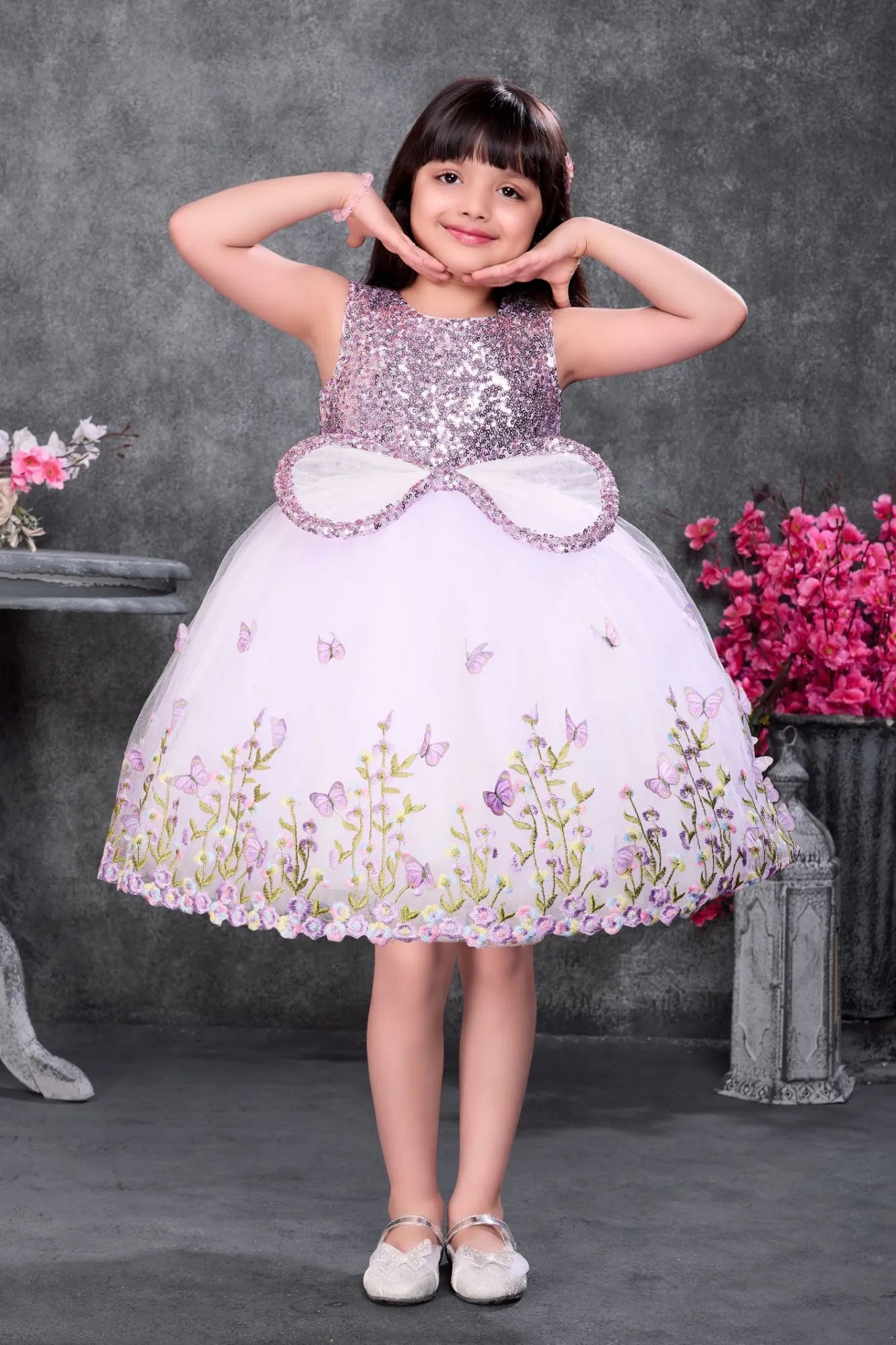 Lavender Sequin Bodice Party Wear Frock with Butterfly Print Skirt For Girls