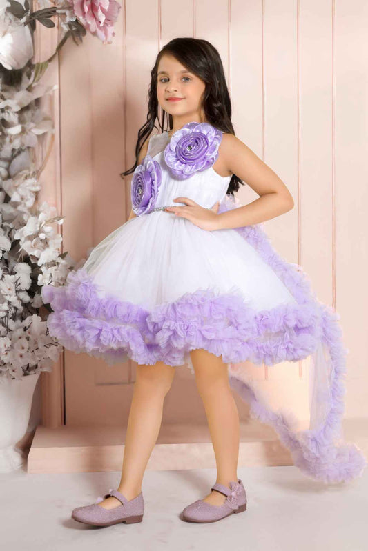 White And Lavender Layered Party Frock With 3D Floral Embellished For Girls
