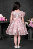 Dusty Pink Sequin Party Wear Frock with Statement Floral Detail For Girls