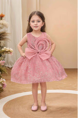 Peach Frock With Bow Embellished And Shimmer Printed For Girls