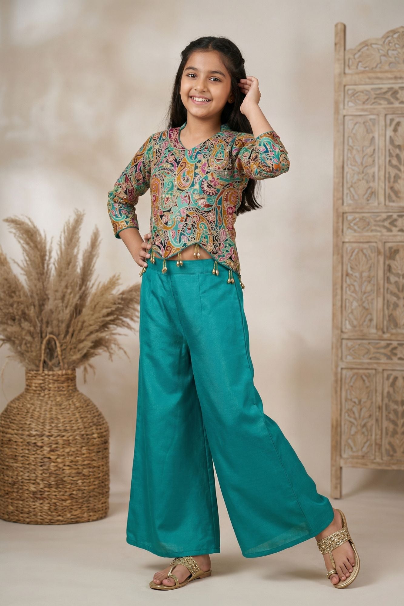 Rama Green Palazzo Set with Multicolor Paisley Embroidered Top For Girls