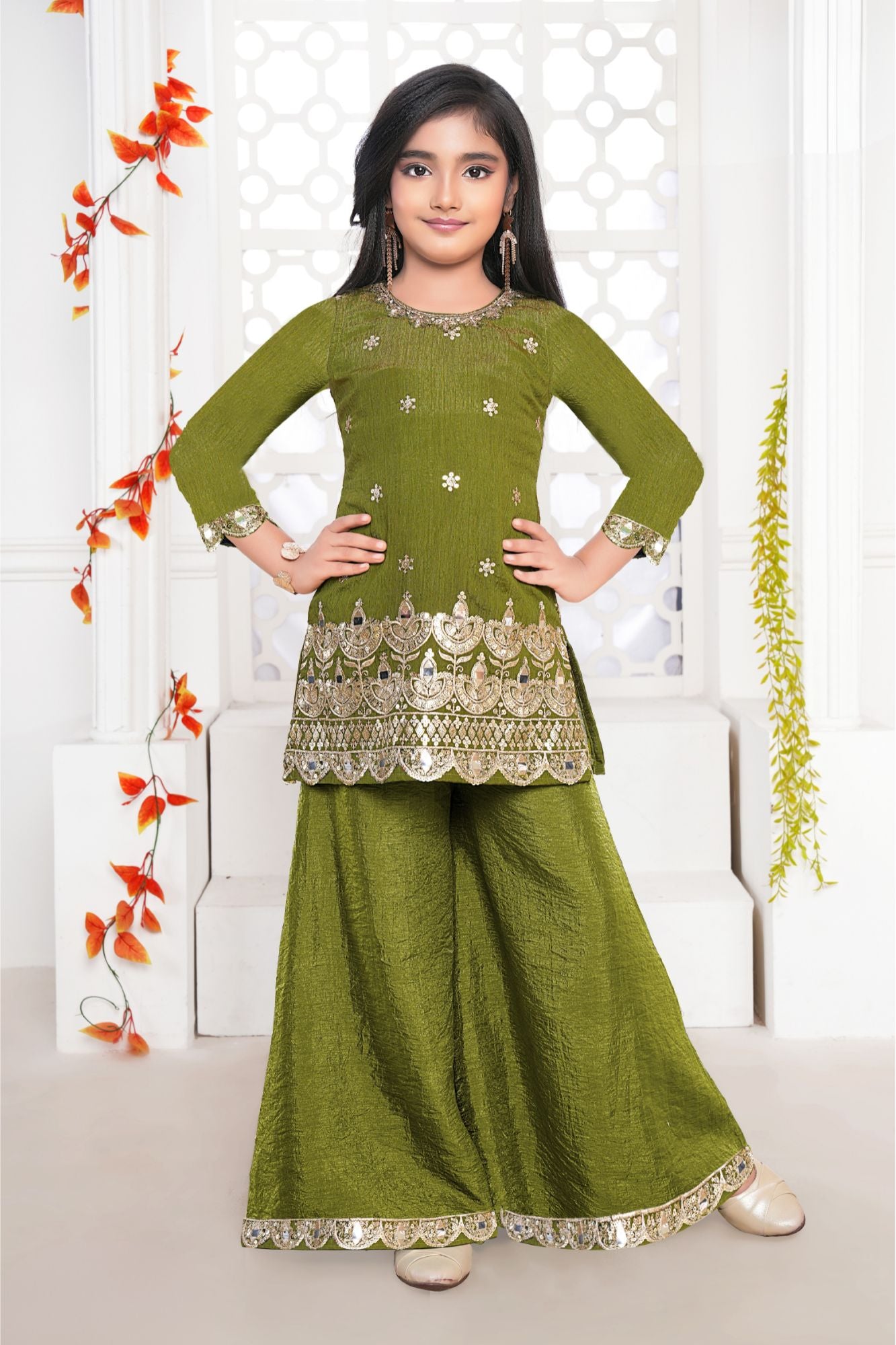 Olive Green Embroidered Palazzo Set For Girls