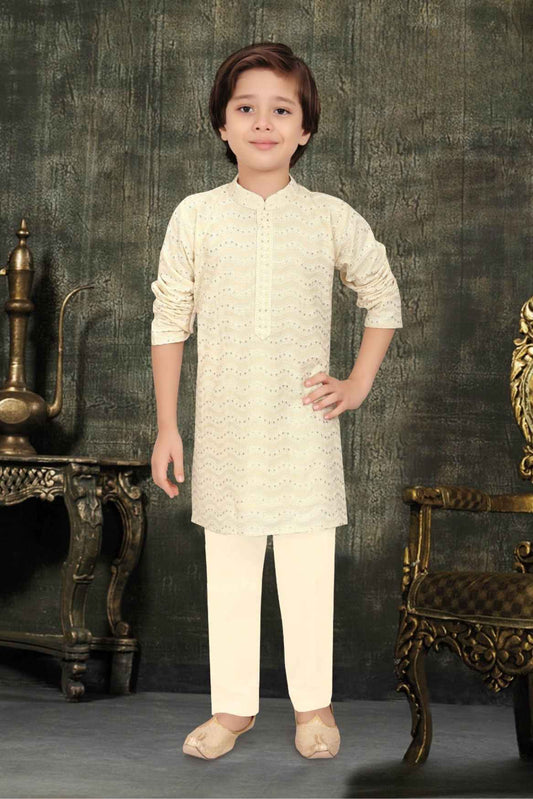 Cream Thread Work And Sequins Embroidered Kurta Set For Boys