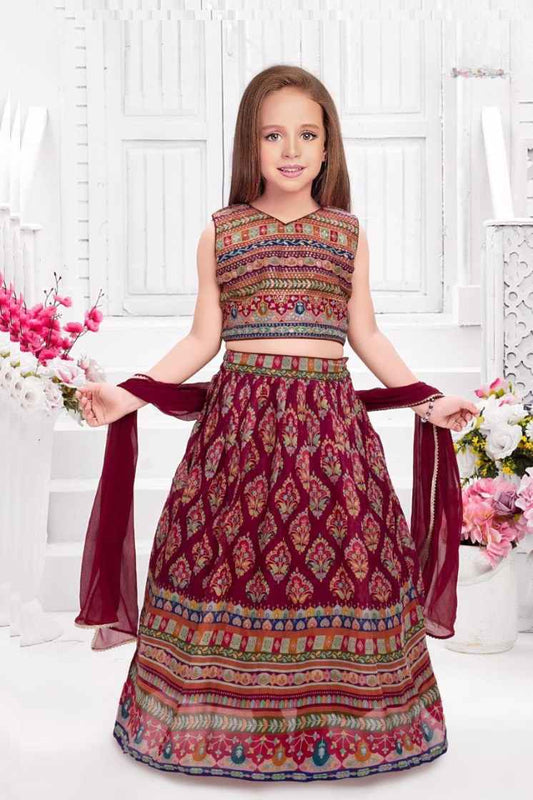 Maroon Ethnic Printed Lehenga Choli Set for Girls