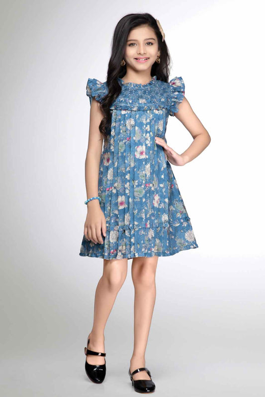 Blue Floral Printed Frock With Ruffle Sleeves For Girls