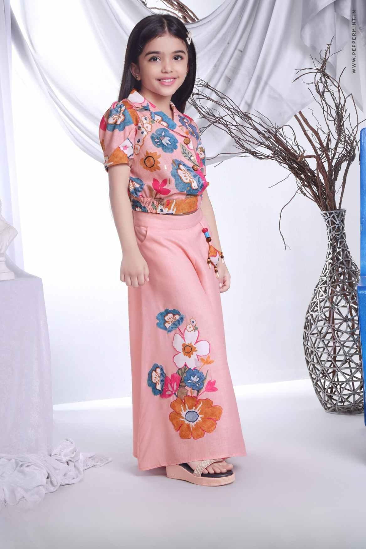 Peach Floral Printed Summer Top And Skirt Set For Girls - Lagorii Kids