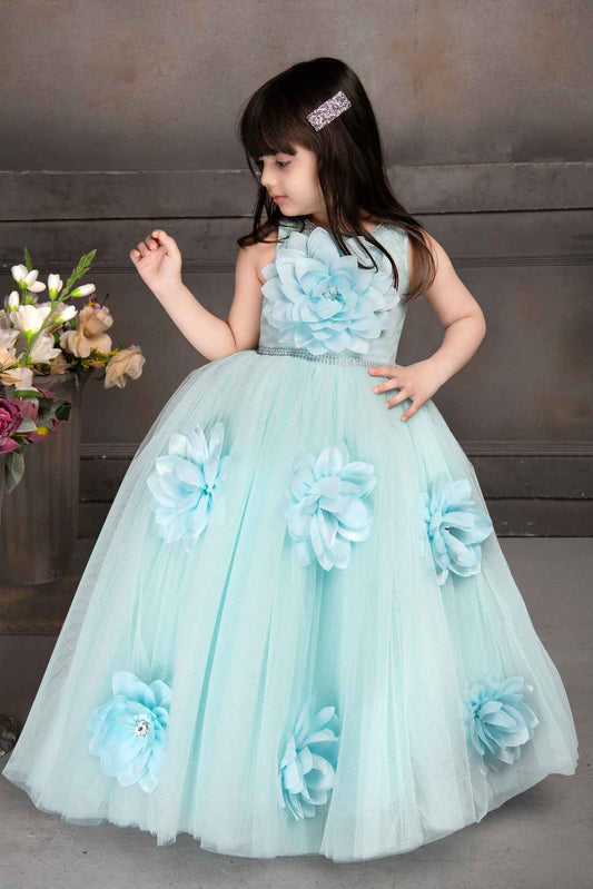 Blue Princess Net Party Gown With Flower Embellishment For Girls