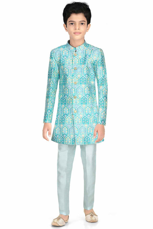 Classic Blue Printed Sherwani With White Pant For Boys