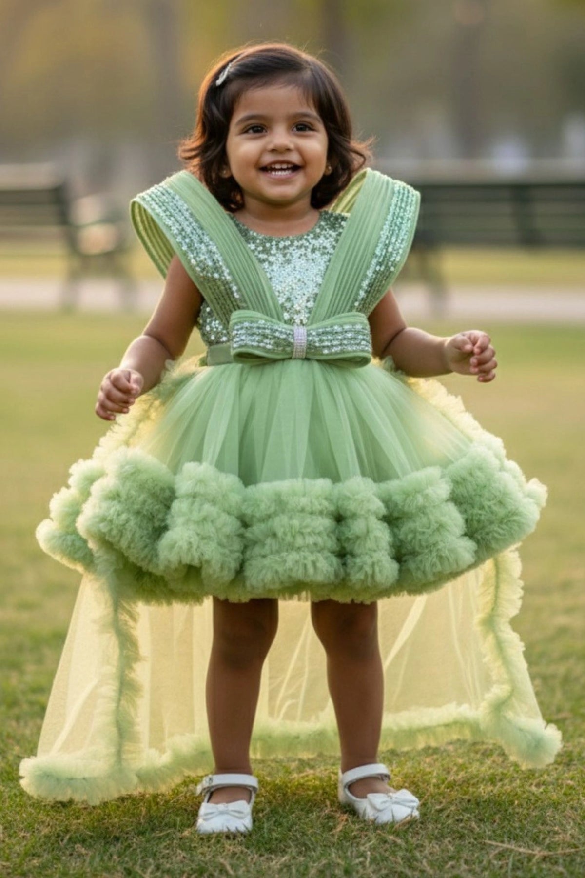 Pastel Green Party Frock With Layered Ruffles And Statement Bow and Tailback For Girls