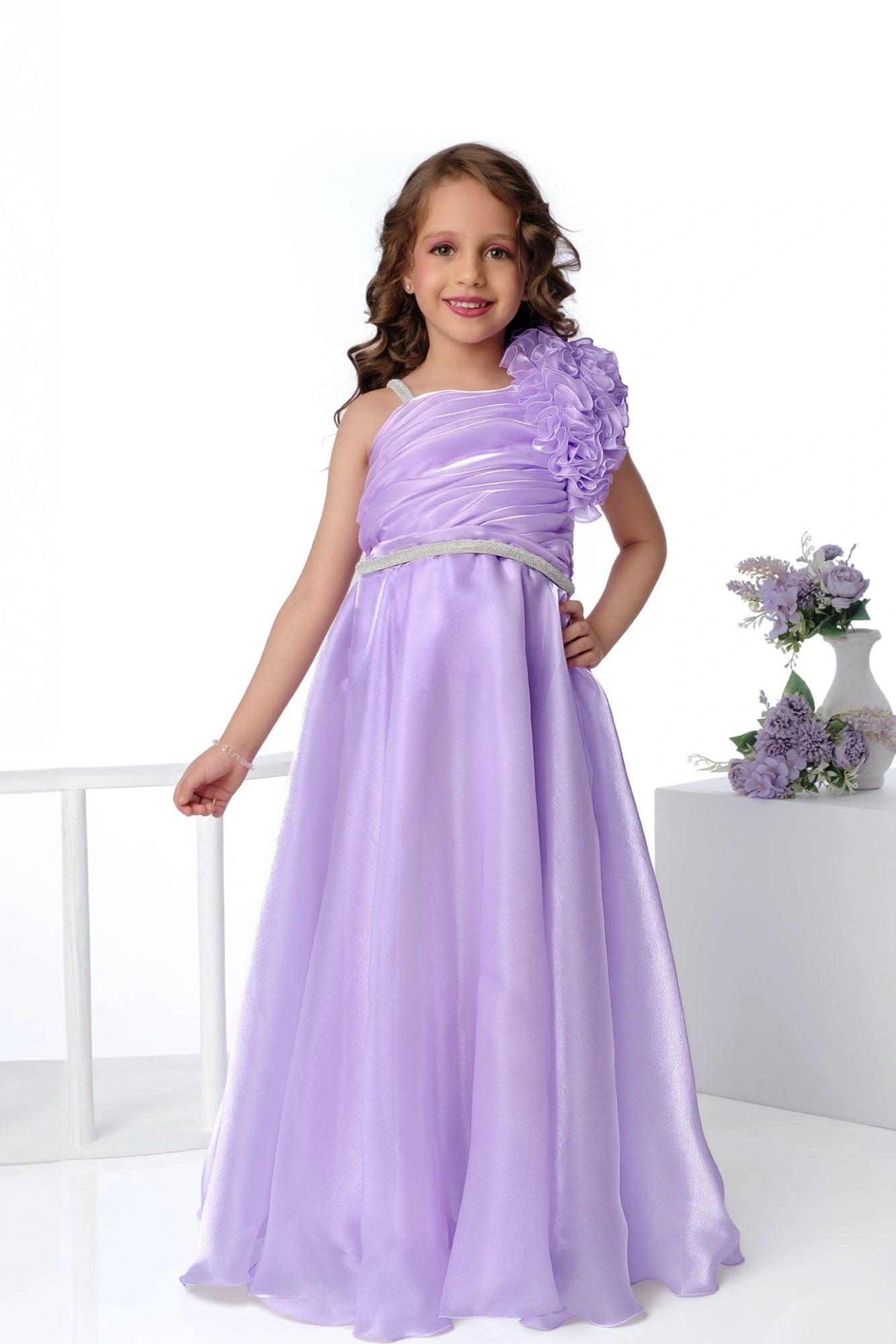 Designer Lavender Floral Appliqué Party Wear Gown For Girls
