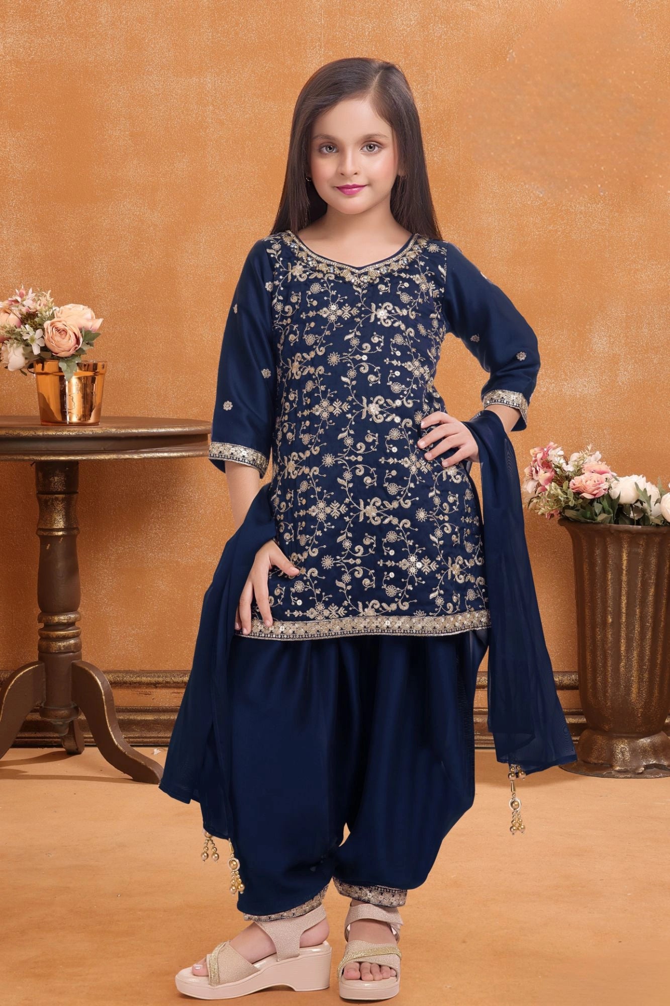 Navy Blue Embroidered Patiala Set For Girls