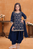 Navy Blue Embroidered Patiala Set For Girls