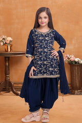 Navy Blue Embroidered Patiala Set For Girls