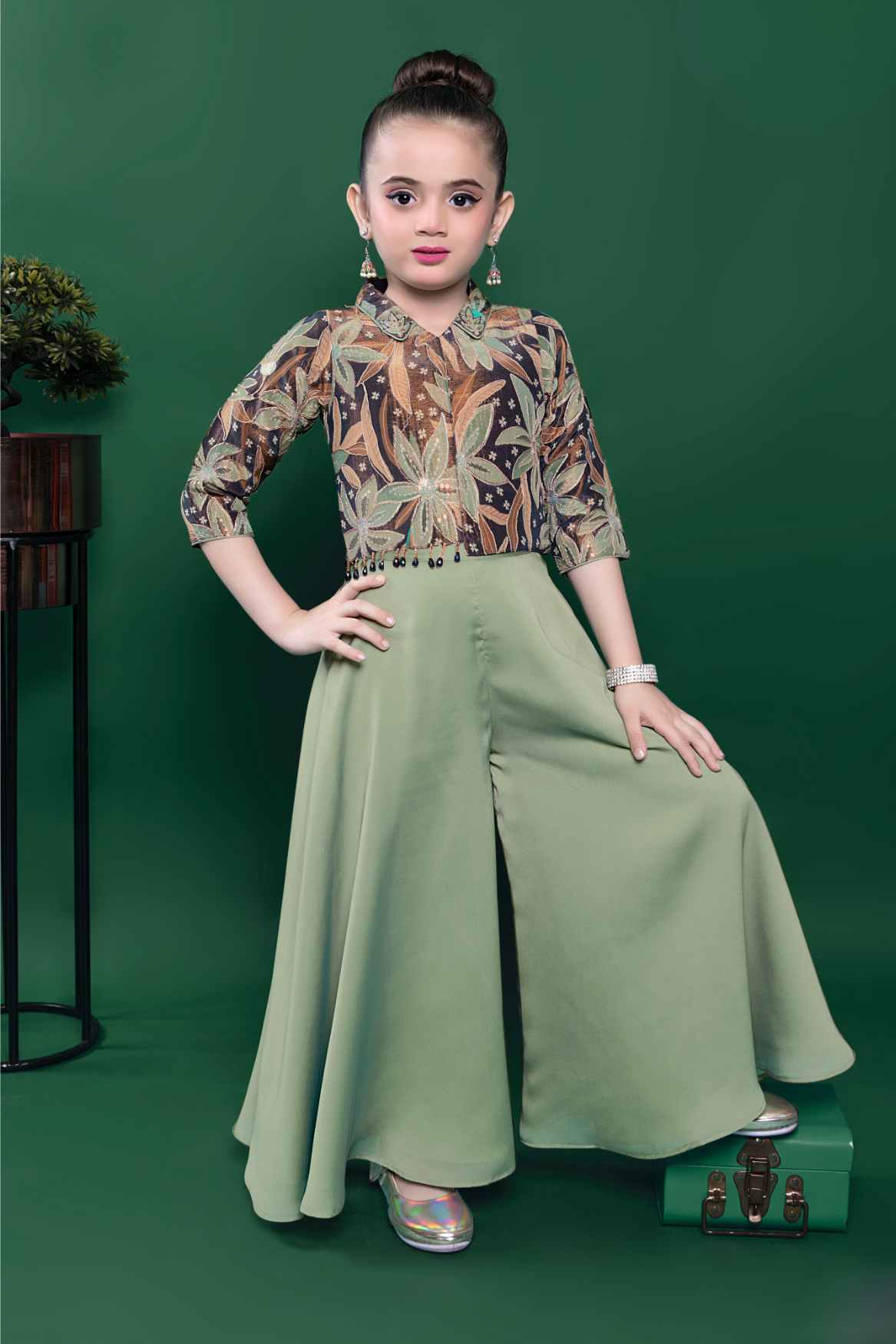 Elegant Green Sequins And Bead Work With Zari Embroidered Palazzo Set For Girls