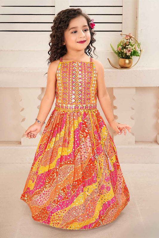 Pink And Orange Lehenga Choli Set with Intricate Embroidery For Girls