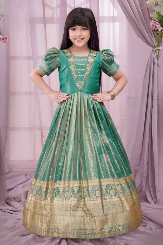 Green Stone Work And Embroidered Ethnic Gown For Girls