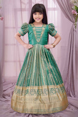 Green Stone Work And Embroidered Ethnic Gown For Girls