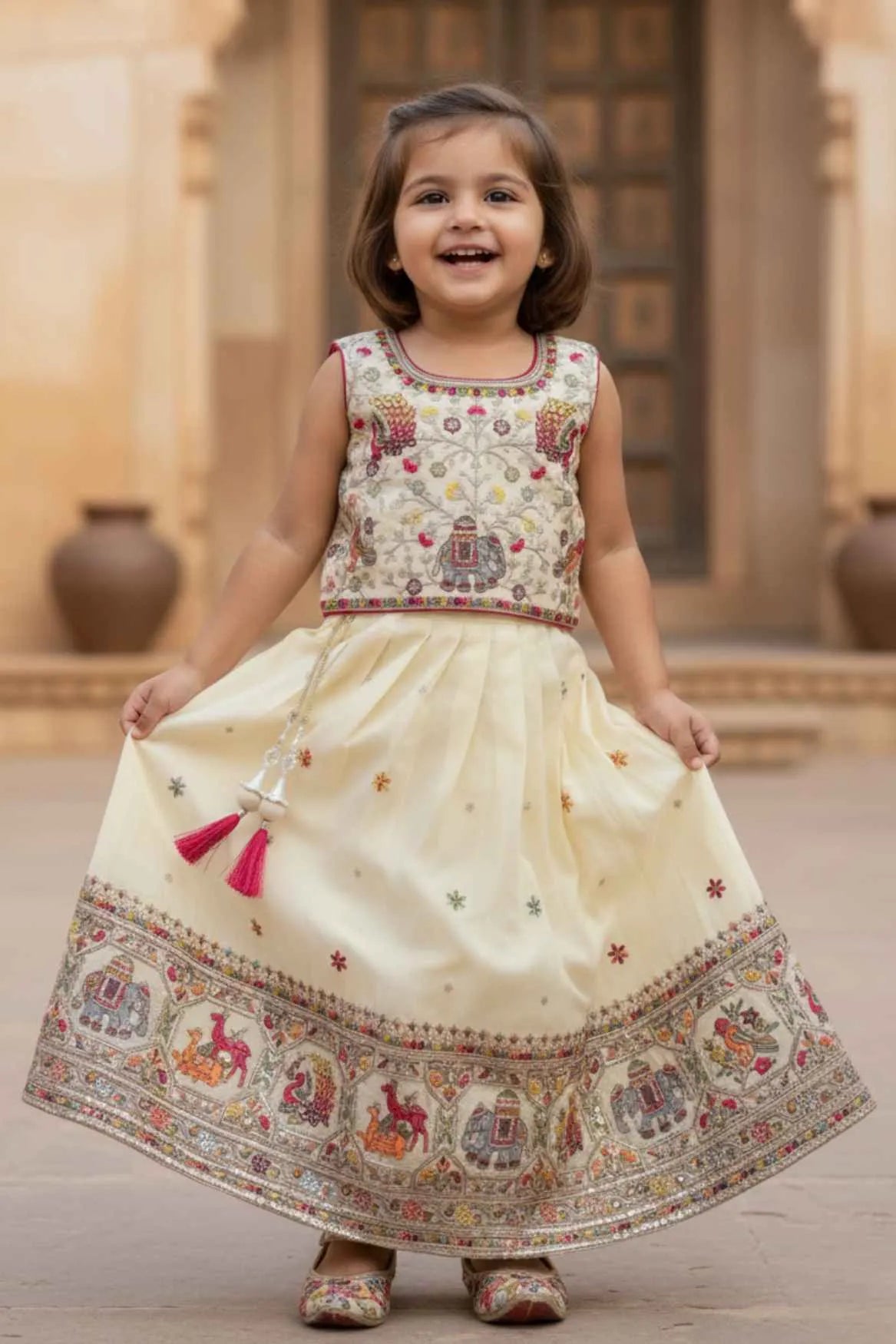 Cream Royal Embroidered Lehenga Choli For Girls