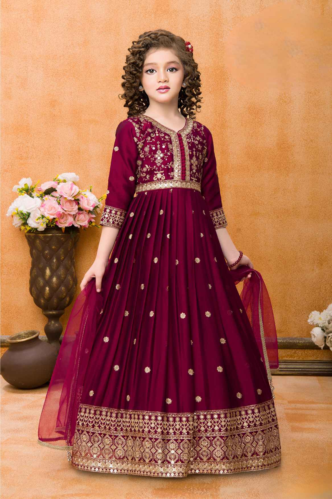 Maroon Sequins Work And Zari Embroidered Ethnic Gown For Girls