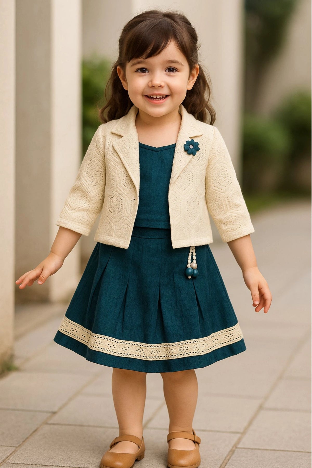 Teal Pleated Skirt Set with Cream Crochet Jacket For Girls
