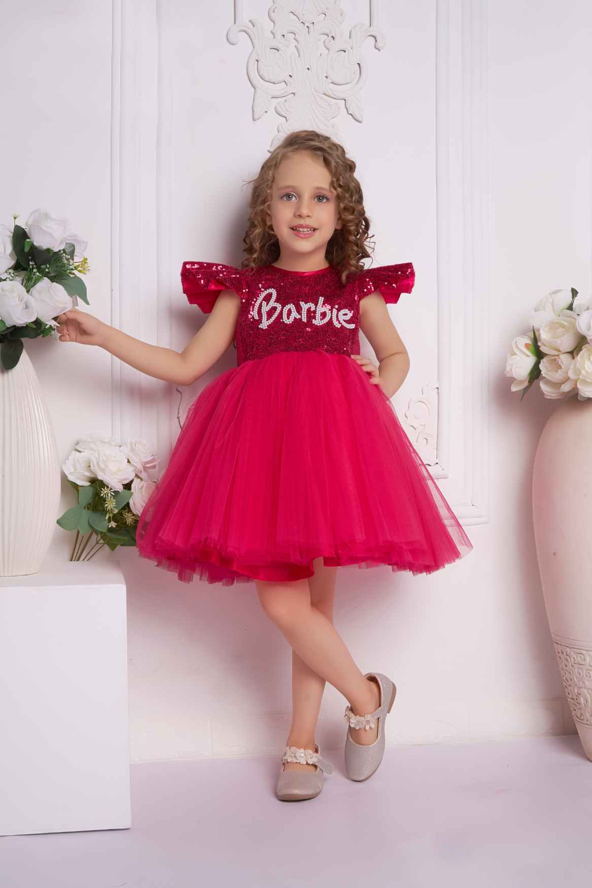 Barbie Sequined Pink Net Frock With Ruffled Sleeves For Girls
