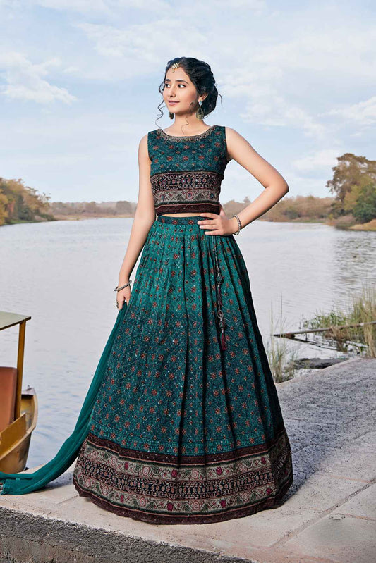 Elegant Rama green Printed Lehenga Choli With Dupatta For Girls