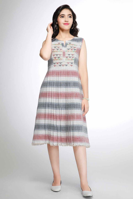 Grey And Red Striped Casual Wear Frock For Girls