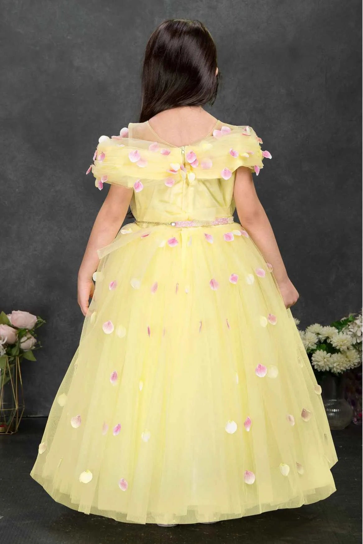 Yellow Floral Petal Embellished Party Gown With Cape Overlay For Girls
