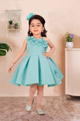 Green Sleeveless With Floral Embellishment And Pearl Frock For Girls