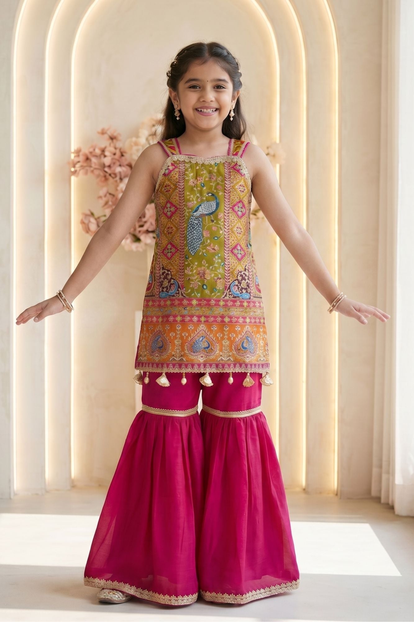 Girls Rani Pink Festive Peacock Embroidered Kurti with Flared Sharara Pants