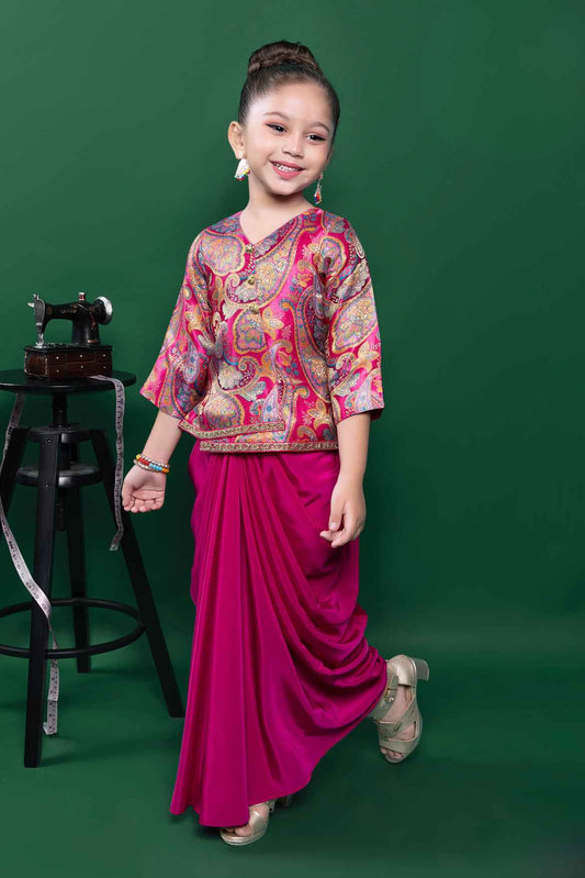 Designer Pink Brocade Top And Dhoti Bottom Set For Girls
