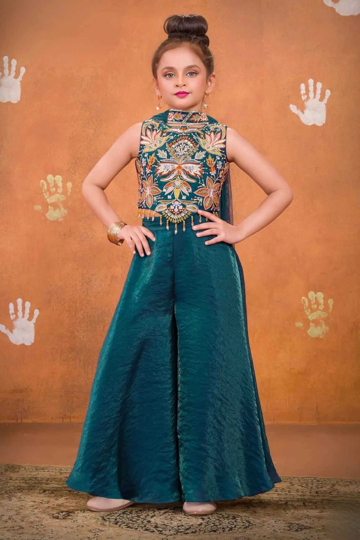 Teal Embroidered Palazzo Set For Girls