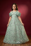 Mint Blue Floral Embroidered Party Gown For Girls