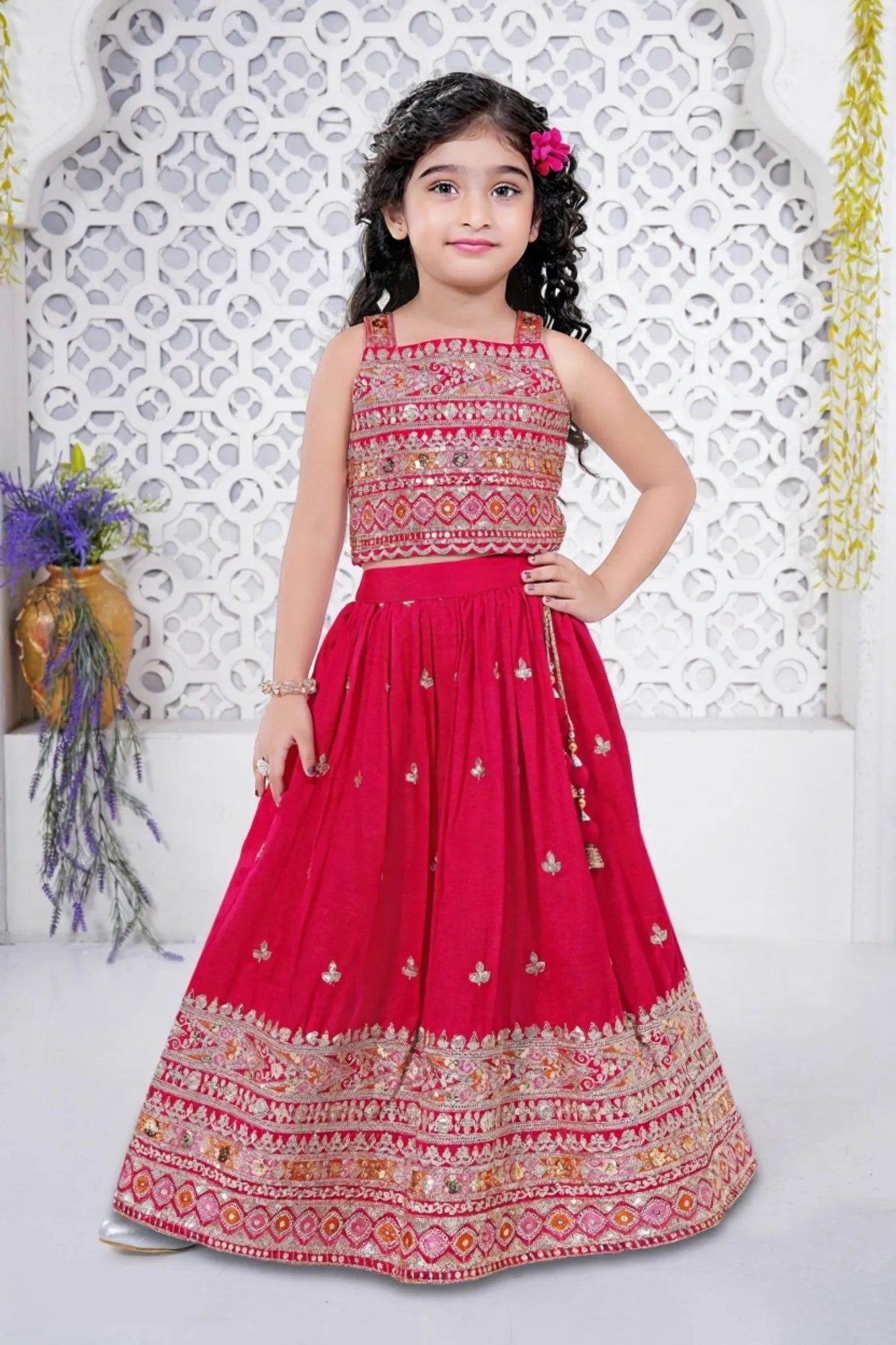 Red Sequins Embroidered Lehenga Choli Set for Girls