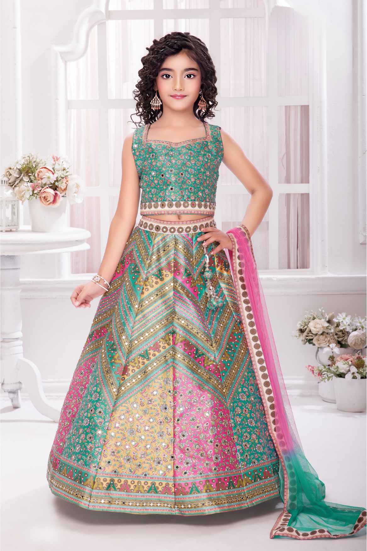 Green Sleeveless With Printed Embroidery And Mirror Work Lehenga Choli Set For Girls