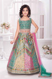 Green Sleeveless With Printed Embroidery And Mirror Work Lehenga Choli Set For Girls