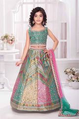 Green Sleeveless With Printed Embroidery And Mirror Work Lehenga Choli Set For Girls