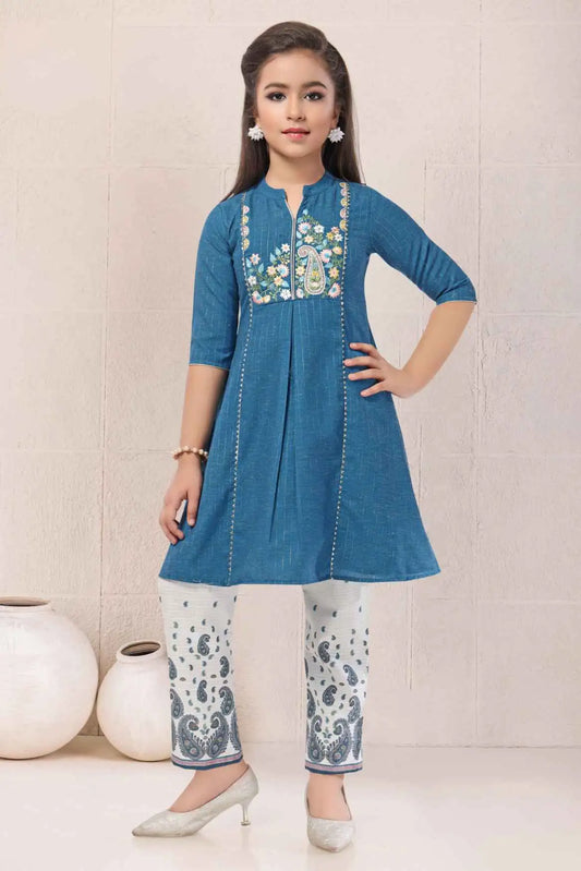 Blue Kurta Set with Embroidered Yoke & White Printed Pants For Girls