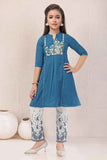 Blue Kurta Set with Embroidered Yoke & White Printed Pants For Girls