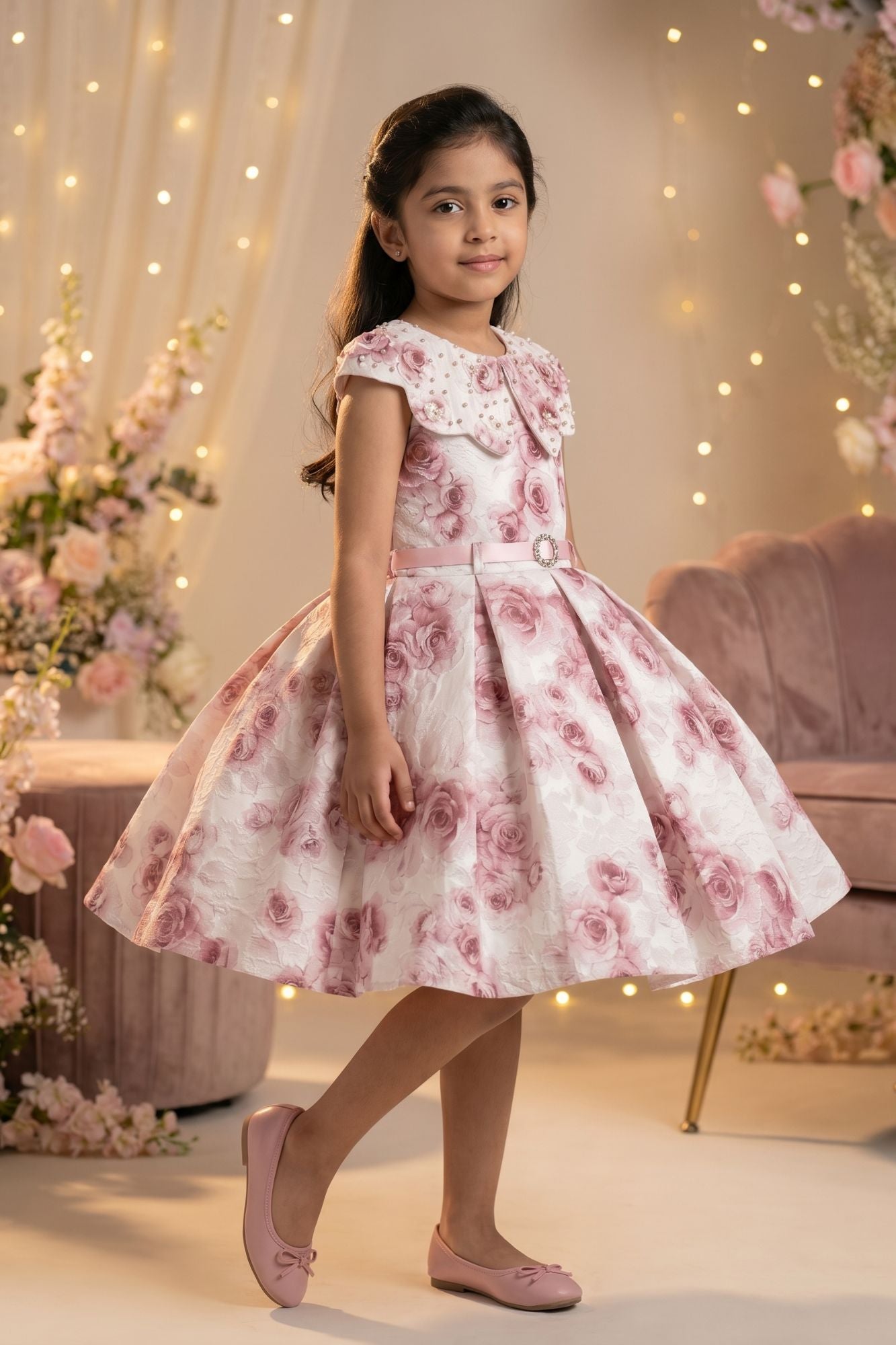 Ivory Floral Print Party Frock With Belt  For Girls